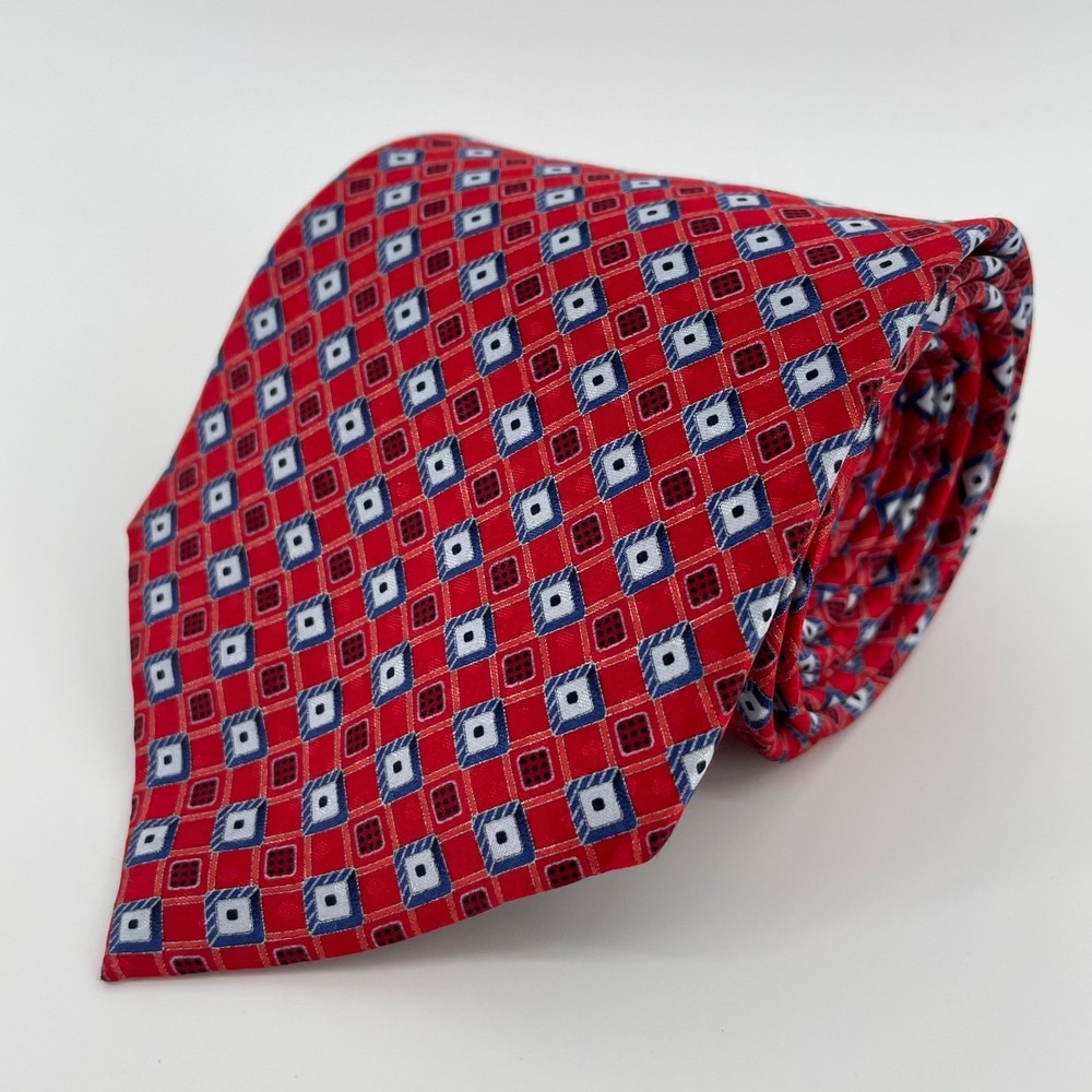 Jos. A. Bank Mens Red Geometric Silk Necktie Navy Blue White Diamond Pattern Tie